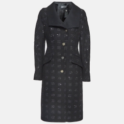 Black Sequin Embroidered Canvas Mid-Length Coat