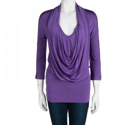 Pre Owned Just Cavalli Purple Front Drape Detail Long Sleeve Top M