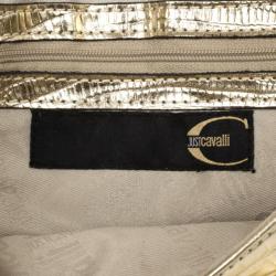 Just Cavalli Gold Metallic Crocodile Embossed Leather Small Clutch Bag
