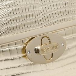 Just Cavalli Gold Metallic Crocodile Embossed Leather Small Clutch Bag