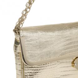Just Cavalli Gold Metallic Crocodile Embossed Leather Small Clutch Bag