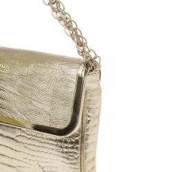 Just Cavalli Gold Metallic Crocodile Embossed Leather Small Clutch Bag