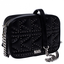 Pre Owned Karl Lagerfeld Black Leather K/Kuilted Studs Camera Bag