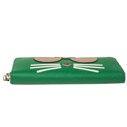 Karl Lagerfeld Green Leather Choupette Zip Around Wallet