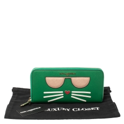 Karl Lagerfeld Green Leather Choupette Zip Around Wallet