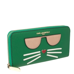 Karl Lagerfeld Green Leather Choupette Zip Around Wallet