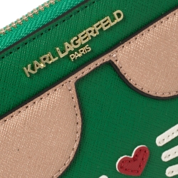Karl Lagerfeld Green Leather Choupette Zip Around Wallet