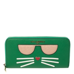 Karl Lagerfeld Green Leather Choupette Zip Around Wallet