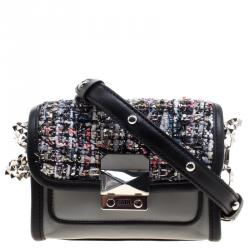 Pre Owned Karl Lagerfeld Grey Leather and Tweed Crossbody Bag