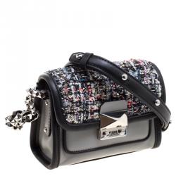 Pre Owned Karl Lagerfeld Grey Leather and Tweed Crossbody Bag