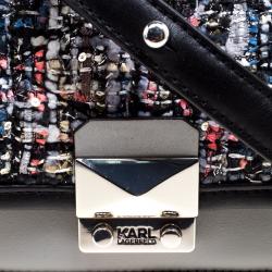Pre Owned Karl Lagerfeld Grey Leather and Tweed Crossbody Bag