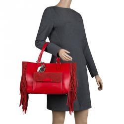 Pre Owned Karl Lagerfeld Red Leather Fringe Shopper Tote