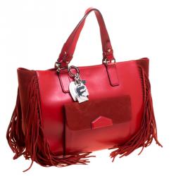 Pre Owned Karl Lagerfeld Red Leather Fringe Shopper Tote