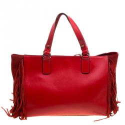 Pre Owned Karl Lagerfeld Red Leather Fringe Shopper Tote