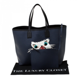 Pre Owned Karl Lagerfeld Navy Blue Leather Monster Choupette Shopper Tote