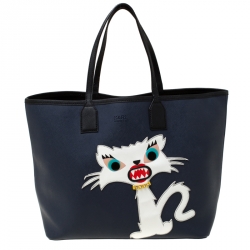 Pre Owned Karl Lagerfeld Navy Blue Leather Monster Choupette Shopper Tote