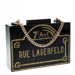 Karl Lagerfeld Black/Gold Acrylic Rue Lagerfeld Chain Box Clutch