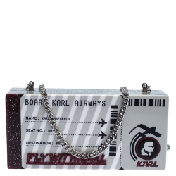 Karl Lagerfeld Silver Glitter Acrylic Jet Boarding Pass Minaudere Clutch