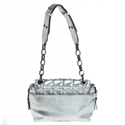 Pre Owned Karl Lagerfeld Metallic Silver Quilted Leather Flap Shoulder Bag