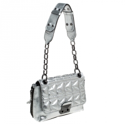 Pre Owned Karl Lagerfeld Metallic Silver Quilted Leather Flap Shoulder Bag