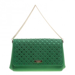 Pre Owned Kate Spade Green Leather Newbury Lane Laser Cut Flap Shoulder Bag