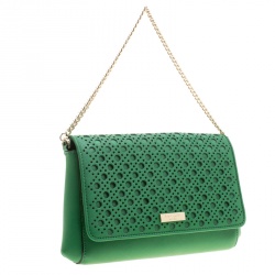 Pre Owned Kate Spade Green Leather Newbury Lane Laser Cut Flap Shoulder Bag