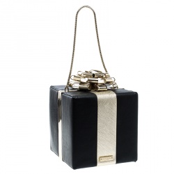 Pre Owned Kate Spade Black/Gold Leather Steal The Spotlight Square Gift Box Clutch