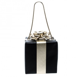 Pre Owned Kate Spade Black/Gold Leather Steal The Spotlight Square Gift Box Clutch