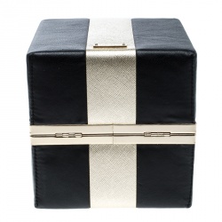 Pre Owned Kate Spade Black/Gold Leather Steal The Spotlight Square Gift Box Clutch
