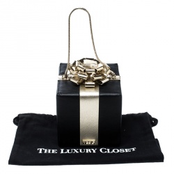 Pre Owned Kate Spade Black/Gold Leather Steal The Spotlight Square Gift Box Clutch