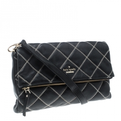 Pre Owned Kate Spade Black Leather W Contrast Stitch Shoulder Bag