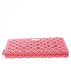 Pre Owned Kate Spade Pink Perforated Leather Newburry Lane Caning Zip Around Wallet