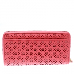 Pre Owned Kate Spade Pink Perforated Leather Newburry Lane Caning Zip Around Wallet
