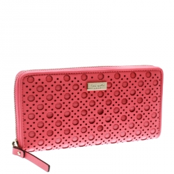 Pre Owned Kate Spade Pink Perforated Leather Newburry Lane Caning Zip Around Wallet