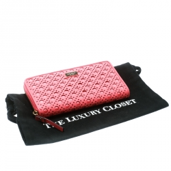 Pre Owned Kate Spade Pink Perforated Leather Newburry Lane Caning Zip Around Wallet