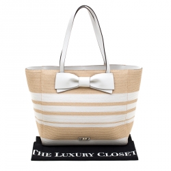 Pre Owned Kate Spade White/Brown Striped Straw Clet Street Blair Tote