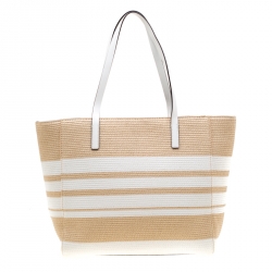 Pre Owned Kate Spade White/Brown Striped Straw Clet Street Blair Tote