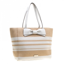 Pre Owned Kate Spade White/Brown Striped Straw Clet Street Blair Tote