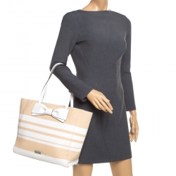 Pre Owned Kate Spade White/Brown Striped Straw Clet Street Blair Tote