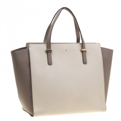 Pre Owned Kate Spade Grey/Off White Leather Cedar Street Hayden Tote