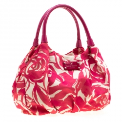 Pre Owned Kate Spade Pink/White Printed Nylon Stevie Shoulder Bag