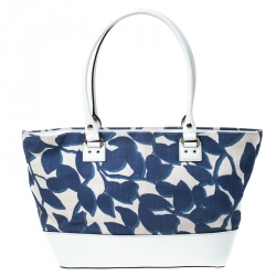 Pre Owned Kate Spade White/Blue Canvas and Leather Wellesley Hyacinth Leaves Harmony Tote
