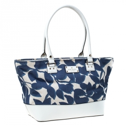 Pre Owned Kate Spade White/Blue Canvas and Leather Wellesley Hyacinth Leaves Harmony Tote