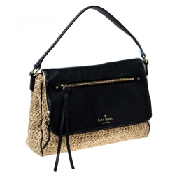 Pre Owned Kate Spade Beige/Black Woven Raffia and Leather Little Minka Shoulder Bag