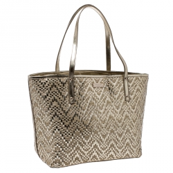 Pre Owned Kate Spade Beige/Gold Woven Raffia and Patent Leather Tote