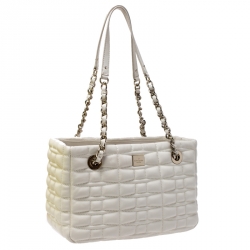 Pre Owned Kate Spade Off White Quilted Leather Chain Tote