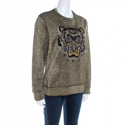 Pre Owned Kenzo Metallic Gold Knit Iconic Embroidered Tiger Motif Sweatshirt M