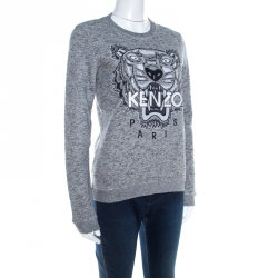 Pre Owned Kenzo Grey Knit Embroidered Tiger Motif Sweatshirt M