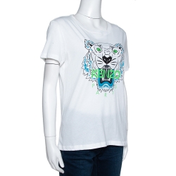 Pre Owned Kenzo White Tiger Print Cotton Crew Neck T-Shirt M