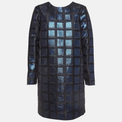 Blue/Black Metallic Square Jacquard Long Sleeve Shift Dress